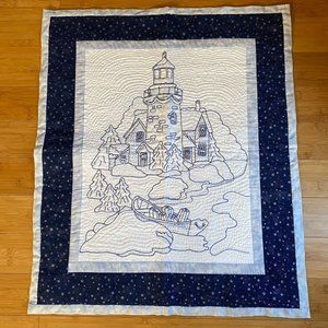 Lighthouse machine embroidered quilt winter snow Blue Christmas decor wall‎ art